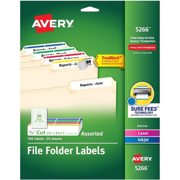 Avery File Folder Labels, TrueBlock, 1/3 Cut, 750/PK, RD/BE/GN/YW PK AVE5266